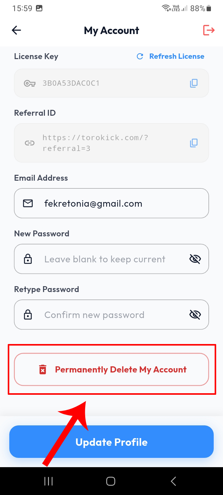 Delete Account Button